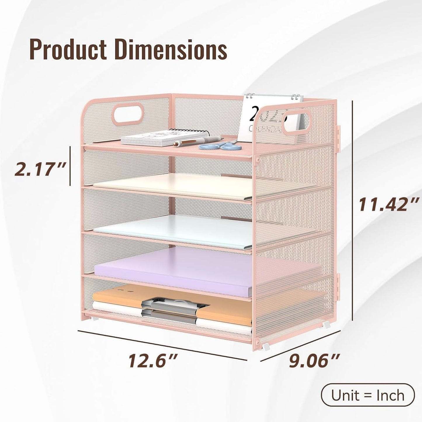 Supeasy Paper Organizer - 5-Tray Letter Tray with Handle | Mesh Desk File Holder in Pink
