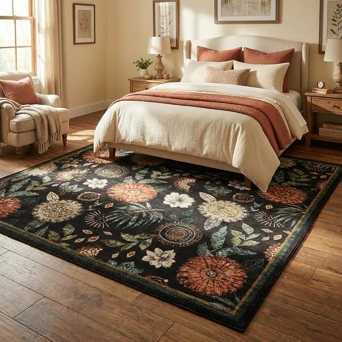 Washable 9x12 Vintage Floral Area Rug Non Shedding Living Room Large Carpet Non Slip Modern Botanical Solid Indoor Carpets Low Pile Floral Rug Soft Thin Foldable Mat for Classroom Dining Room, Black