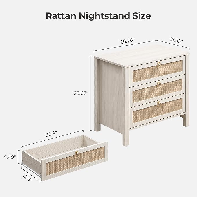 SICOTAS White Night Stand with Drawers - Large Rattan Bedside Table with Golden Handle, 3 Drawers Nightstand Tall End Table Side Table Boho Nightstand for Bedroom