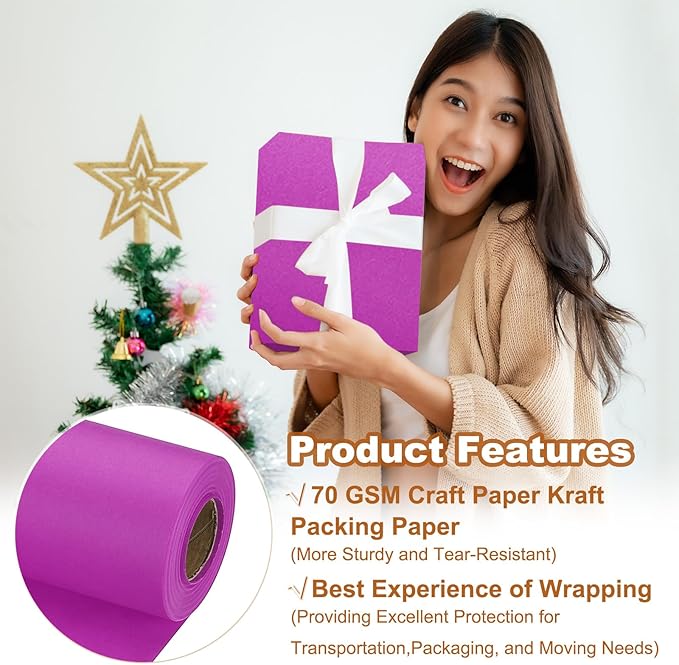 PATIKIL Wrapping Paper, 15" x 600"(49') 70 GSM Craft Paper Roll Kraft Packing Paper for Poster Bulletin Board, Gift Wrapping, Purple