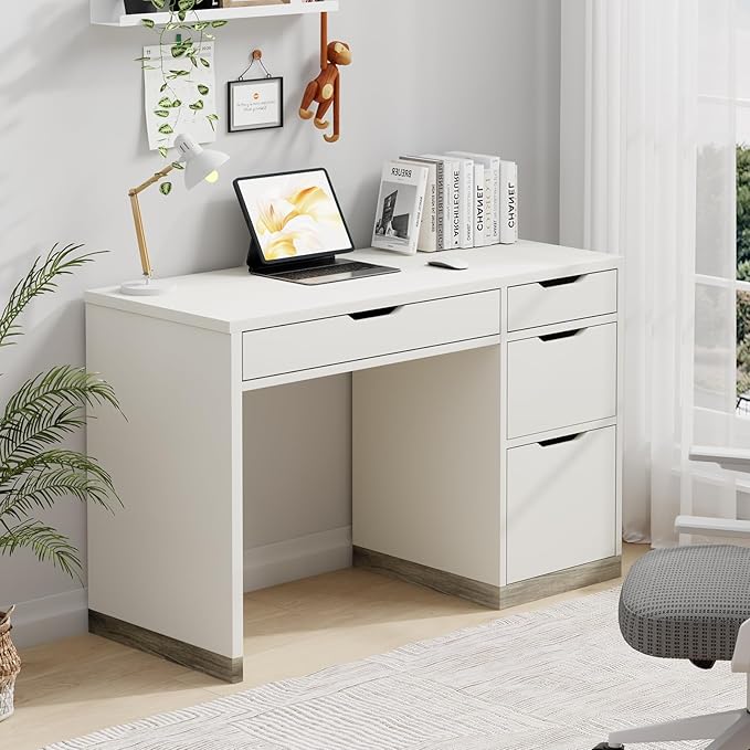 48 Inch White Desk with Drawers, Small Desk with 4 Storage Drawers for Kids, Computer Study Desk with Filing Drawers for Home Office