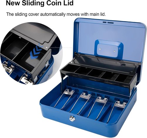Jssmst Locking Metal Cash Box - Secure Money Storage with Key Lock | 11.8L x 9.5W x 3.5H Inches, Blue