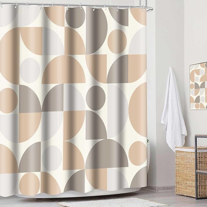 Vintage Beige and Grey Mid Century Modern Shower Curtain Boho Abstract Geometric Art Shower Curtains for Bathroom Decor 72x72 Inch Colorful Unique Pattern Washable Fabric Bathroom Set with 12 Hooks