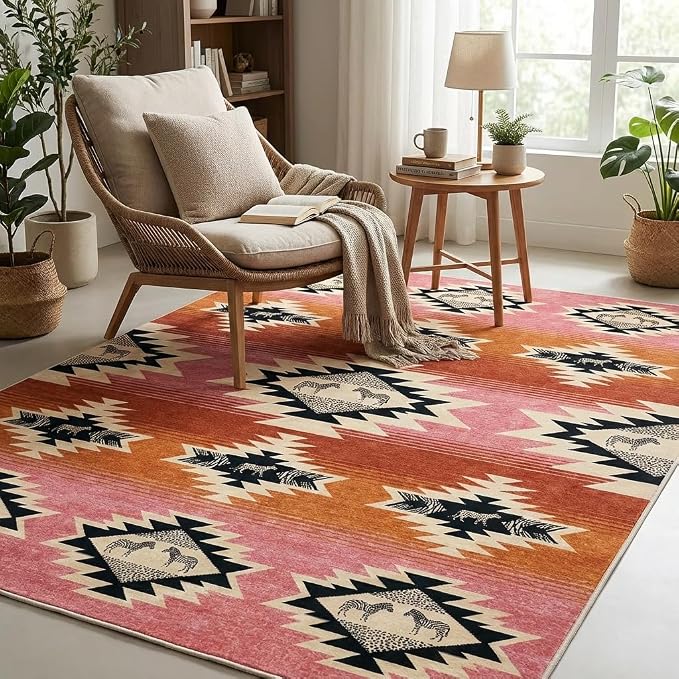 5x7 Area Rugs for Living Room: Blush Pink & Terracotta Tribal Southwestern Zebra Geometric Area Rug Washable Non-Slip Backing for Living Room Bedroom Leisure Area Decor