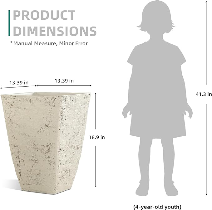 19" Plant Pots Tall Planters for Plants Outdoor Set of 2 Large Square Flower Pots Indoor Front Porch Decor Garden Pot with Drainage Hole Handmade Birch Bark Texture for Patio, Country White