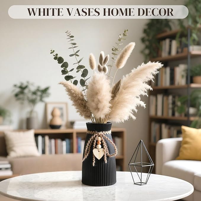 JOHOUSE Black Ceramic Vase, Small Flower Vase for Pampas Grass, Home, Living Room, Dining Table, Farmhouse, Office Decor, Bedroom, Table, Kitchen Shelf, Minimalist Modern Home Decoration