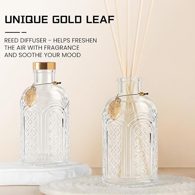 Glass Reed Diffusers Bottles for Home, Diffuser Bottles with 20PCS Reed Diffuser Sticks, Vintage Embossed Apothecary Style Flower Bud Vases with Cork Lids, Set of 3