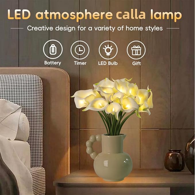 20pcs Lighted Artificial Calla Lily Bouquet Lamp Faux Floarl Night Light Real Touch Flower Night Lamp LED Calla Lily Lighted Artificial Flower for Holiday Gifts Home Kitchen Decor(White)