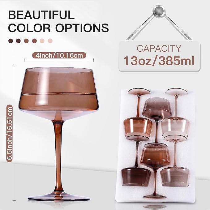 JOVGANK Amber Coupe Glasses Set of 6, Hand Blown Brown Martini Glasses 13Oz, Champagne & Cocktail Luxury Coupe Glasses, Bar Manhattan Glass, Mother's Day Gift for Espresso Martini Glass