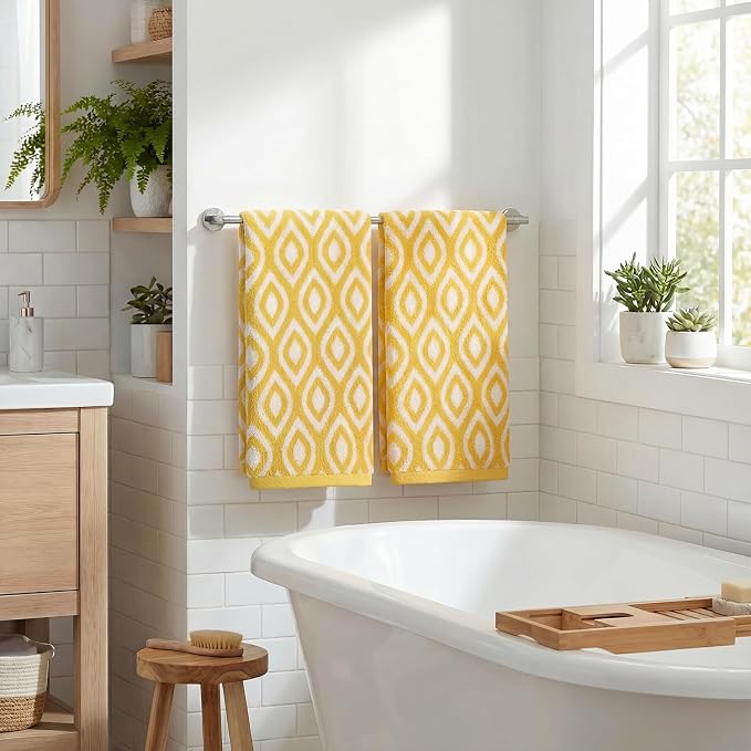 Artoid Mode 2 Pcs Beige Yellow Diamond Grid Jacquard Hand Towels for Bathroom, 100% Cotton Soft Absorbent Bathroom Decor Towels, 13.7 x 29.5 Inch