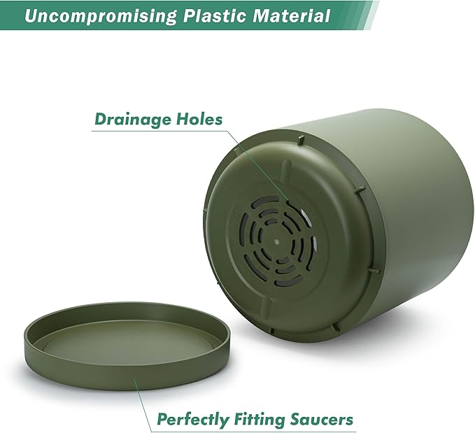D'vine Dev 16 Inch Plastic Planter Pots for Plant Pot with Drainage Hole and Seamless Saucers, Olive, 74-X-I-5