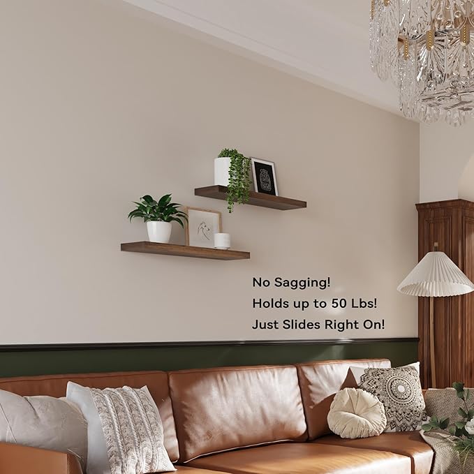 BGMG Wood Floating Shelves for Wall 24 inch Set of 2, Rustic Wooden Wall Mount Shelves for Bathroom Living Room Bedroom Kitchen Farmhouse -24x6.7-Dark Walnut