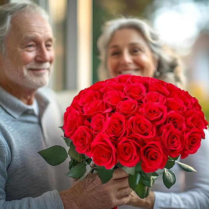 50pcs Artificial Roses Flowers in Bulk,Realistic Silk Fake Rose with Long Stem for Wedding Centerpieces Bouquet Party Floral Arrangement Home Decoration(Red)