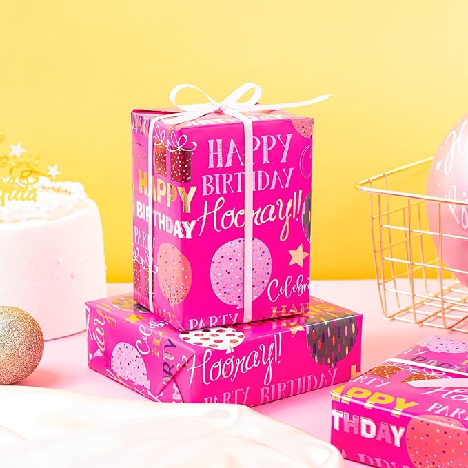 WRAPAHOLIC Birthday Wrapping Paper - Mini Roll - 17 Inch x 16.5 Feet - Gold Foil Hot Pink Happy Birthday Wrapping Paper for Kids, Girls, Women, Baby Shower