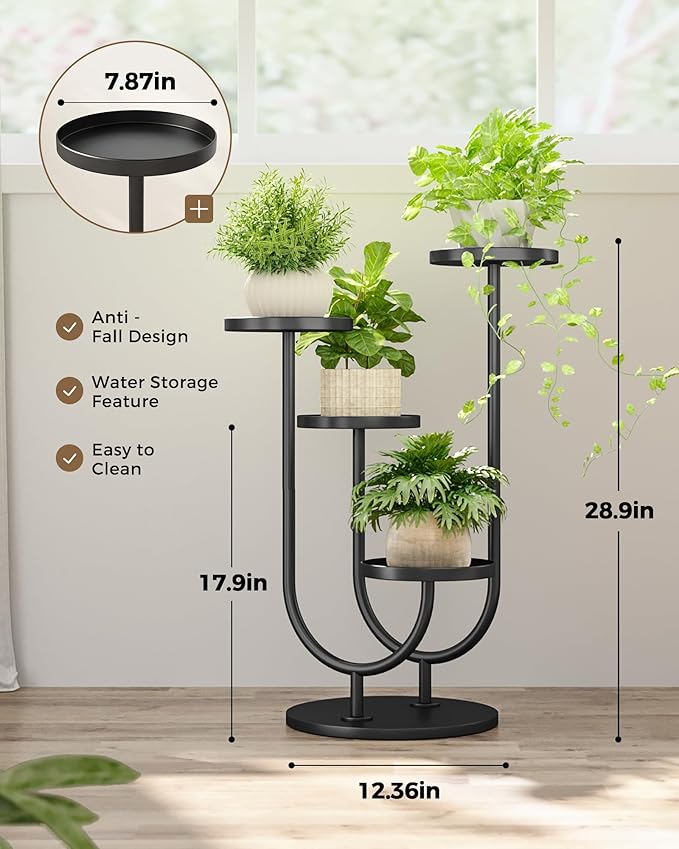 Bamworld Upgraded Outdoor Plant Stand Metal Plant Stand Indoor Corner Plant Stands 4 Pots Plant Shelf for Tall Plant Holder Black Plant Shelves for Living Room Bedroom Midcentury Modern Home Decor