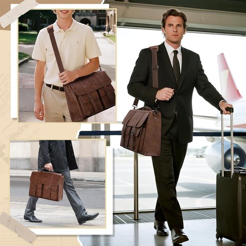 RAINSMORE Men's Vintage Leather Messenger Bag - 17 Inch Laptop Briefcase with Magnetic Closure