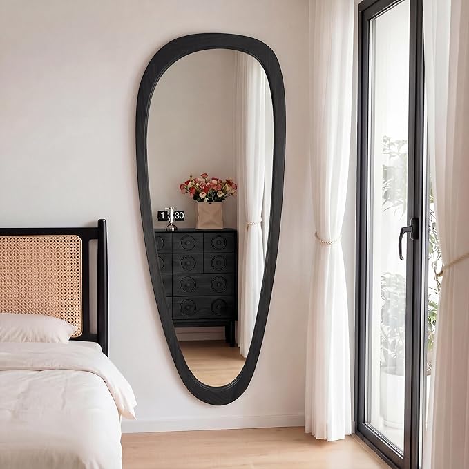 60''x22'' Asymmetrical Mirror with Black Wood Frame, Small Irregular Wavy Wall Mirror, Odd Shaped Mid Century Modern Mirror Decor for Bedroom Living Room Entryway Hall