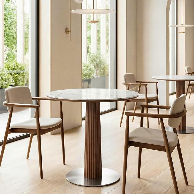 Round Dining Table, 31.5" Solid Wood Dinner Table with Thickened Top & Steel Pedestal, Mid Century Modern Bistro Table for Kitchen, Small Space, Living Room, Cafe, White & Walnut -Style C