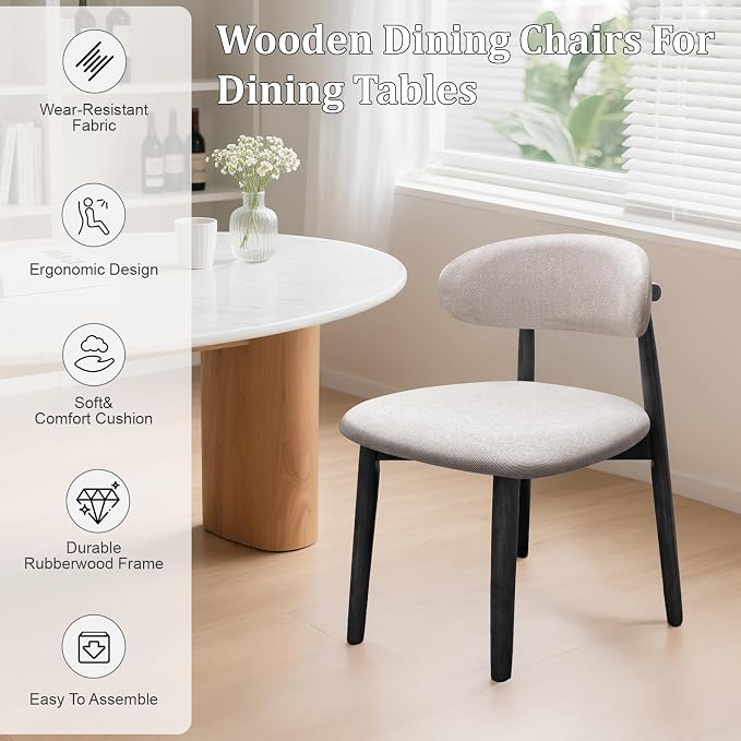 Farmhouse Dining Chairs Set of 2,Mid Century Modern Fabric Upholstered Kitchen Chairs,Wooden Dining Room Chair with Curved Back Black Leg for Kitchen Dining Room Restaurant Cafe,Linen Gray,Only Chairs