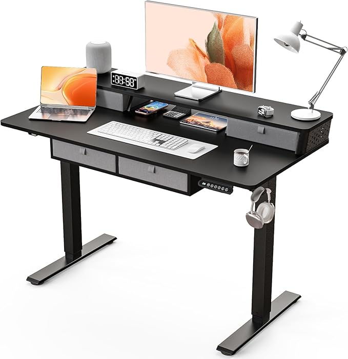 Electric Standing Desk with 4 Drawers 48''x 24'' Adjustable Height Sit to Stand Up Desk with Storage Shelf, C-Clamp Mount Compatible Black Home Office Desks Computer Gaming Table Ergonomic Workstation