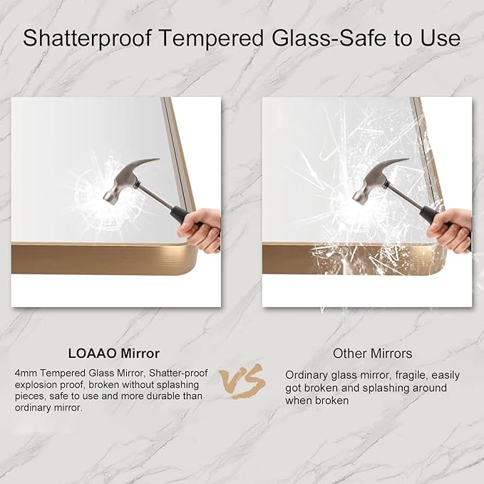 LOAAO 48”X36” Gold Bathroom Mirror, Rounded Rectangle Gold Frame Mirror, Brushed Gold Bathroom Vanity Mirror Wall-Mounted, Anti-Rust, Tempered Glass, Hangs Horizontally or Vertically