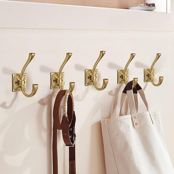 Large Wall Hooks 2 Pack Brushed Gold Coat Hardware for Hanging 4.35 Inch Double Robe Wall Mounted With Screws for Key, Towel, Bags, Cup, Hat