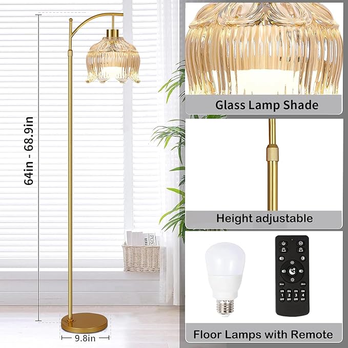 QIYIZM Flower Floor Lamp for Living Room,Bedroom,Gold Dimmable Standing Lamp with Remote,Glass Mid Century Modern Brass Tall Lamp Boho Floor Lamps Arc Stained Floor Light Lamp Bohemian