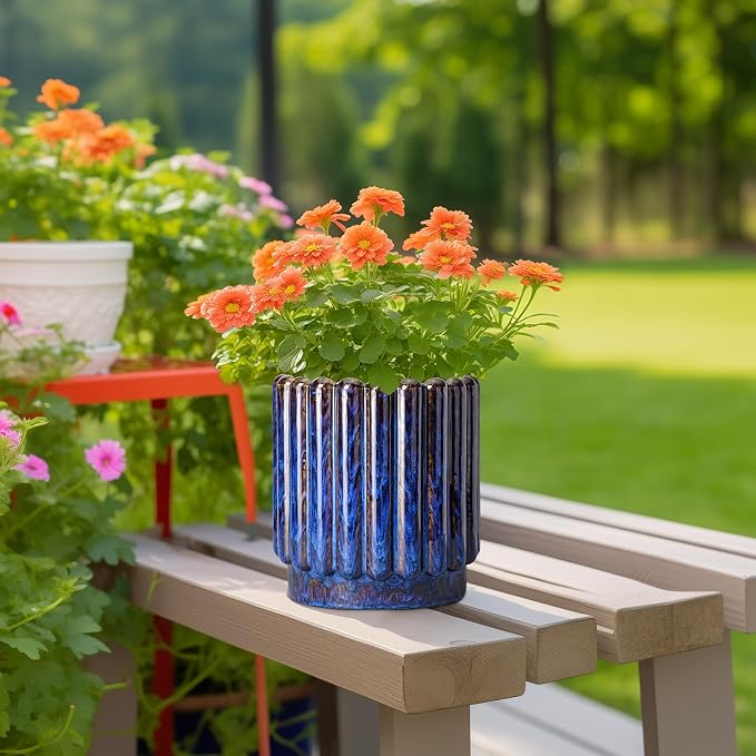 Ceramicfor Ceramic Pots for Plants - 7.6 Inch Plant Pots Indoor with Drainage Hole, Fluted Round Ceramic Planter Outdoor, Modern Flower Planter, Home Office Living Room Decor, Garden Gifts, Blue