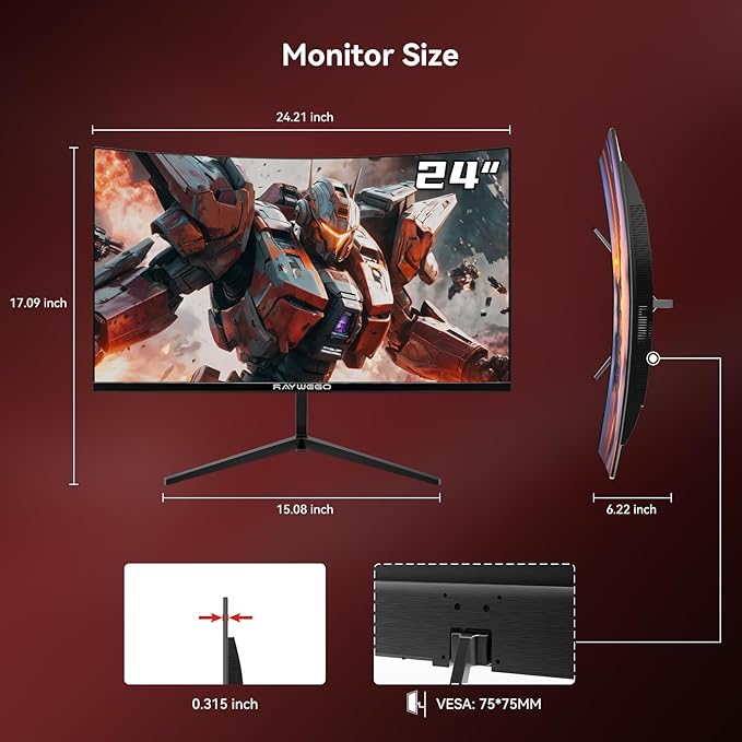 24 inch Curved Monitor 100Hz 1ms, Computer Gaming Monitor FHD 1920×1080P,3000:1 Contrast Ratio, with FreeSync & Eye-Care Technology, HDMI×1,VGA×1 for Gaming Home Office,Wall Mount Install