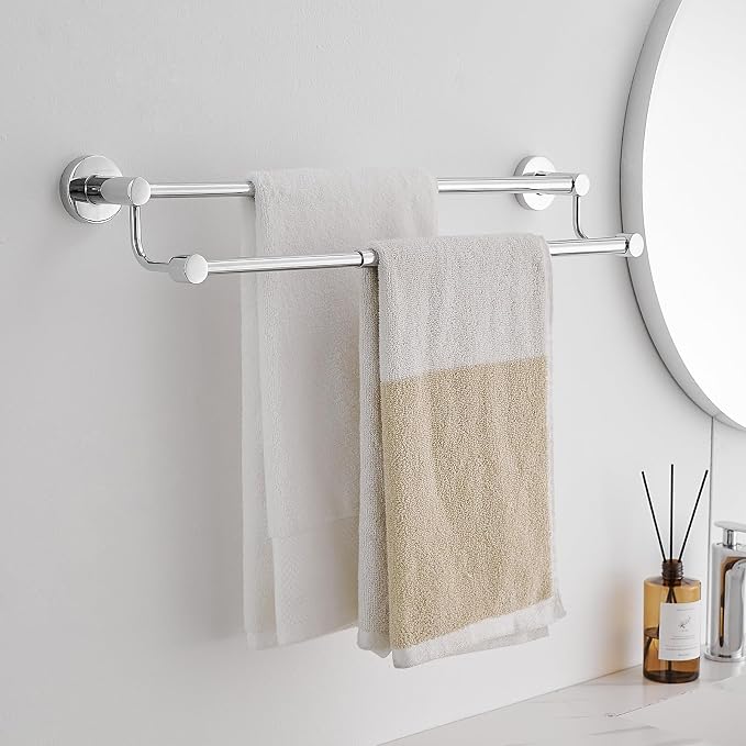 BESy Adjustable 16-26 Inches Double Bath Towel Bar for Bathroom SUS304 Stainless Steel Towel Holder, Hotel Style Wall Mount with Screws Hand Towel Bar Towel Rack Rod Hanger, Polished Chrome Finish
