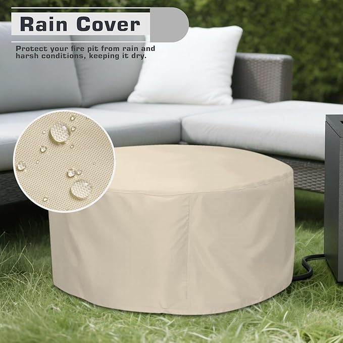 2-Piece 30" LED Round Propane Fire Pit for Outside Patio with Hidden Tank Table, 50,000 BTU Fireplaces with Lid, Glass Rocks, Cover(Dark Grey w/Golden Light)