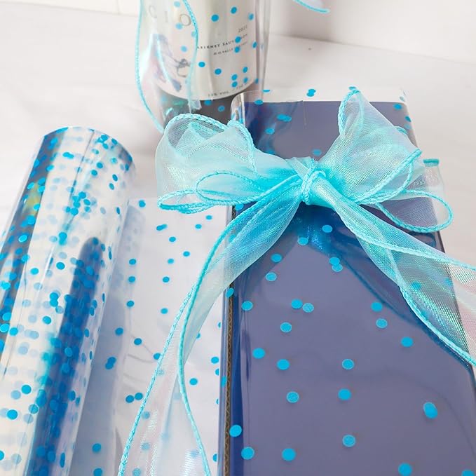CMFYHM Clear Cellophane Wrap Roll (34" x 100’Ft) Blue Polka Dot Cellophane, Transparent Cellophane Wrap Roll for Treats, Gifts, Baskets, Flowers, Birthday Party,Easter, Christmas Decorations