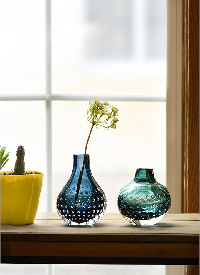 CONVIVA Bud Vase Green Glass Vase Flower Art Diffuser for Reed Idea Modern Handcrafted Small Tabletop Fall Decor Arrangement 4.2" H