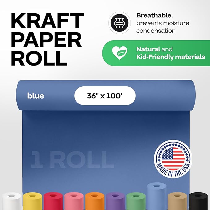 IDL Packaging 36" x 1200" (100 feet) Blue Kraft Paper Roll - USA-Made Quality Craft Paper for Gift Wrapping, Kids' Arts & Crafts, School Projects - 100% Recycled Natural Material 50lb Thickness