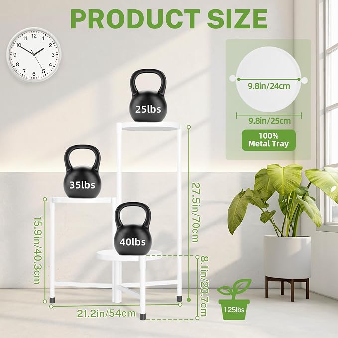 iDavosic.ly 3 Tier Large Plant Stand Indoor, 10 Inch Wide Tall Corner Metal Plant Stands Outdoor for Multiple Plants, Folding Tiered Flower Display Holder Rack Shelf, White