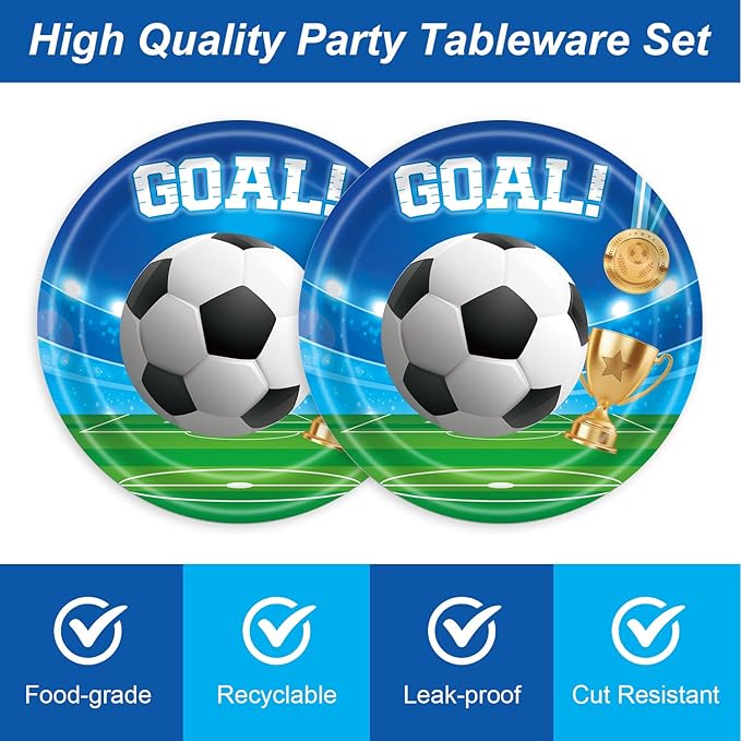 Generic 48Pcs Blue and Green Soccer Party Decorations: Plates, Napkins, Forks for 20 Guests - Soccer Birthday Party Decorations