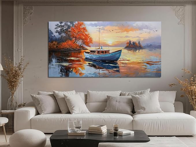 Brushart Ship Wall Art for Living Room, Large Canvas Wall Art Landscape Picture Painting Wall Decor Textured Artwork for Walls Bedroom Home Office 48"x24"