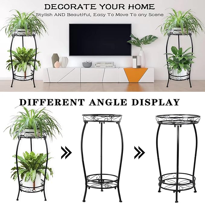 MOCORY Plant Stand Indoor Outdoor 2 Tier 25" Tall Metal Potted Holder Flower Pot Stand Heavy Duty Plant Shelf Rustproof Iron Multiple Plant Round Supports Rack for Planter Corner Garden Balcony Patio