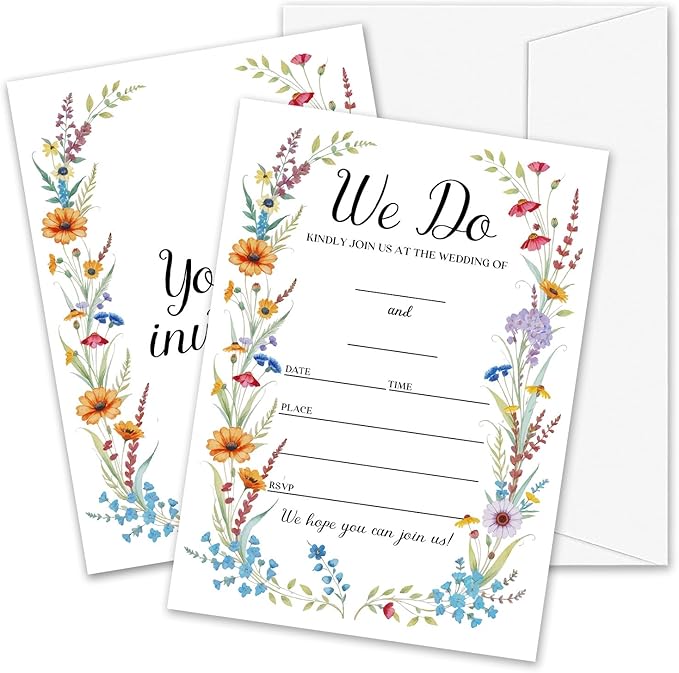Wildflower Wedding Invitations, 5"x 7" Spring Wreath Wedding Invites Card With Envelopes, 25 PCS for Party Decorations and Supplies - A04