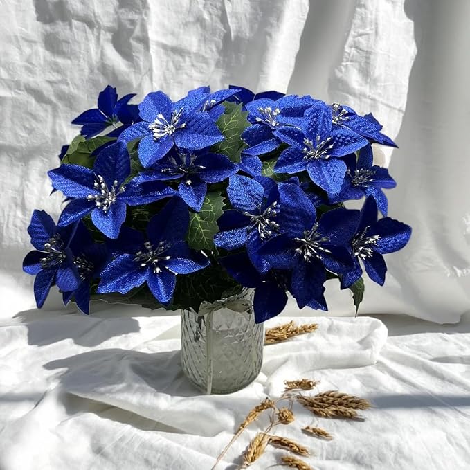 8 Pack 5 Heads Christmas Artificial Poinsettia Flowers Faux Poinsettia Bush Bouquets Silk Poinsettia Christmas Tree Ornaments Poinsettia Flower Arrangement for Home Decor