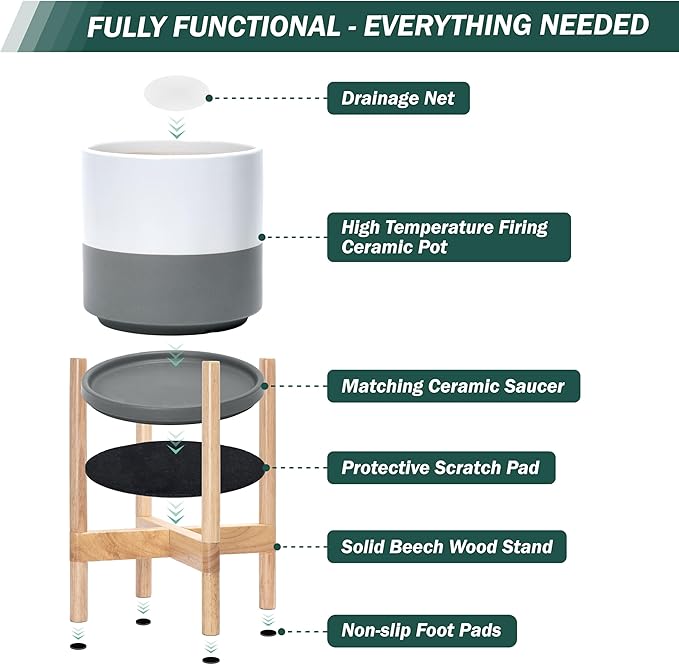 D'vine Dev Ceramic Planter with Natural Stand - 14 Inch Modern Round Flower Pot with Wood Planter Holder, White/Grey, 55-B-R-6