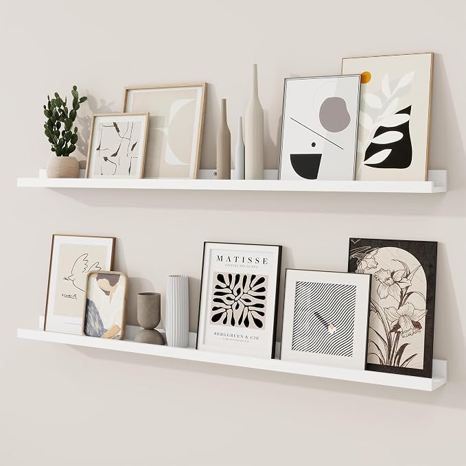 RICHFOCUS Picture Ledge Shelf, 48 inch Floating Shelves Set of 2, Wood Wall Shelves with Lip, Wall Decor Storage for Bedroom Living Room Bathroom Kitchen Nursery Photo Picture, White