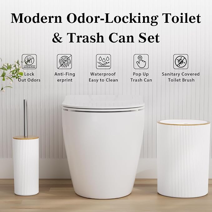 10PC Bathroom Accessories Set - White and Wooden Bathroom Sets, Bathroom Accessory Set with Pop Up Trash Can, Toilet Brush, Trash Can, Qtip Holder & Soap Dispenser