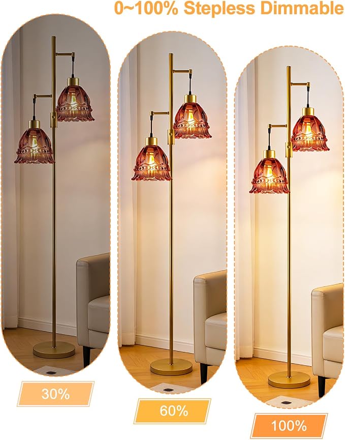 Lightdot 65IN Glass Floor Lamp for Living Room, 2- Light Gold Flower Floor Lamps with Rose Red Glass Lampshade,3000K Warm White Modern Standing Tall Lamp with 5Lbs Heavy Base for Bedroom Corner
