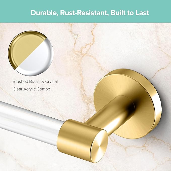 Gatco 5731 Clarion Towel Bar | 18" L Bathroom Towel Rack, Wall Mount Bathroom Towel Holder | Crystal-Clear Acrylic & Brushed Brass Finish