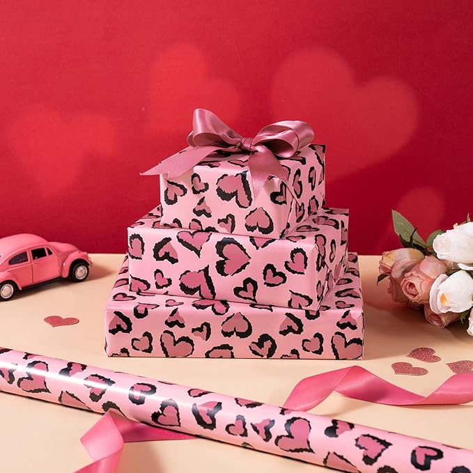 WRAPAHOLIC Leopard Wrapping Paper - Mini Roll - 17 Inch x 16.5 Feet - Pink Heart Wrapping Paper Perfect for Girls Birthday, Valentine's Day, Baby Shower, Wedding