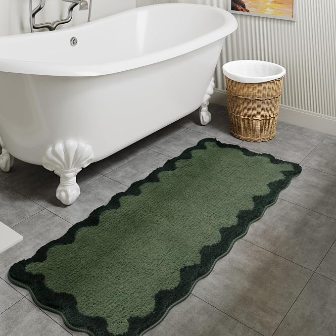 Uphome Bathroom Runner Rug, Green Large Water Absorbent Cute Bath Mat Non Slip Washable, 24x60 Soft Irregular Shaped Shaggy Microfiber Bath Runner Rug for Floor, Bathtub, Bedroom