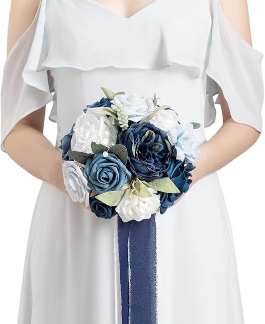 Ling's moment Artificial Flowers Navy Blue Bridesmaid Bouquet, Blue & White Wedding Flowers Bouquets for Bridesmaids, 7 Inch Bridal Bouquets for Bridesmaids, Wedding, Ceremony, Anniversary, etc
