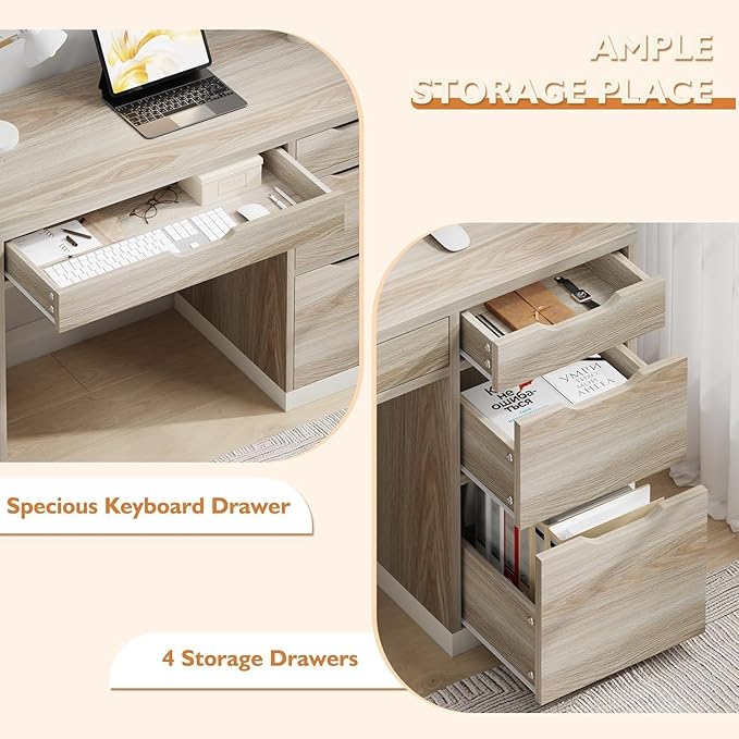 48 Inch Small Desk with Drawers, Walnut Desk with Storage, Study Desk with Filing Cabinet for Bedroom