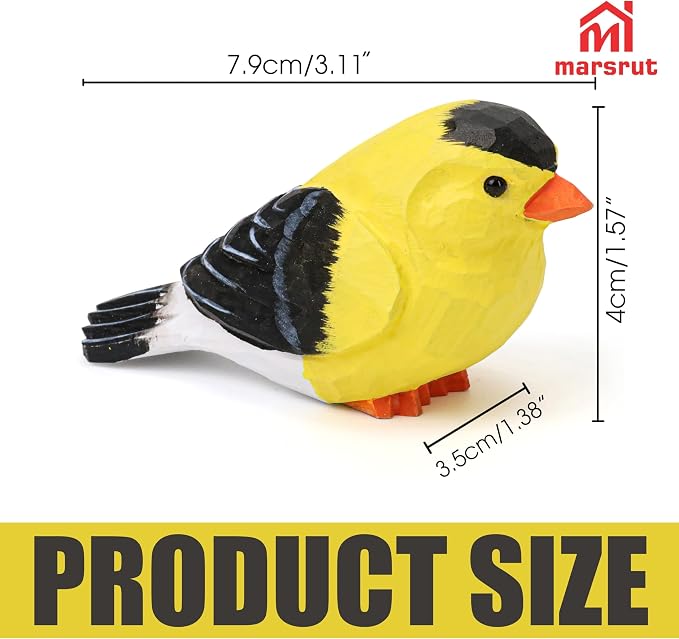American Goldfinch Figurine, Miniature Yellow Finch Sculpture, Hand Carved Wooden Bird Ornament, Golden Wild Canary Statue, Small Wildlife Nature-Inspired Rustic Art Collectibles for Gift, Home Decor